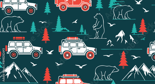 Adventure Seamless Pattern with Cars, Bears, and Mountains.