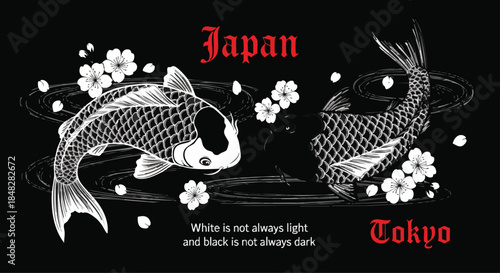 Artistic Japanese Koi Fish and Cherry Blossoms Illustration in Black and White.