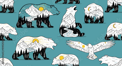 Artistic Seamless Pattern with Mountain Bears and Eagle, Retro Nature Design.