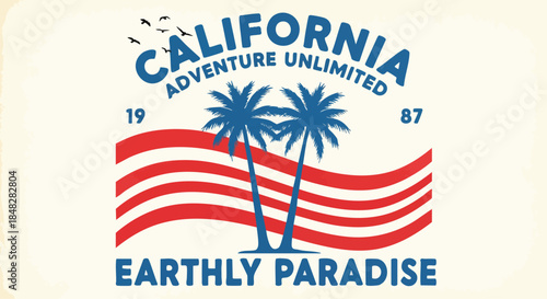 California Adventure Unlimited Earthly Paradise Palm Trees and Retro American Flag Graphic T-Shirt Design.