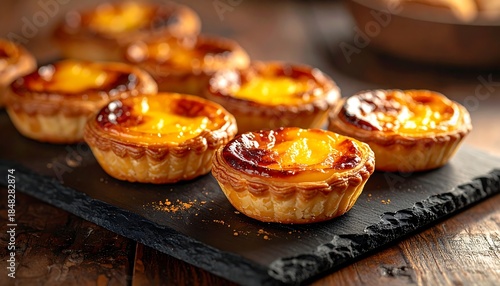 Wallpaper Mural Delicious Portuguese custard tarts on a black slate plate Torontodigital.ca