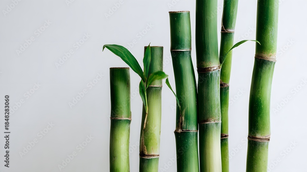 Fototapeta premium Close-up of vibrant green bamboo stalks with delicate leaves against a plain background.
