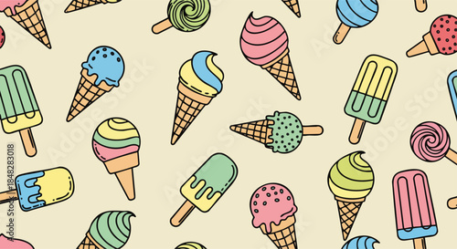 Colorful Ice Cream and Popsicle Seamless Pattern.