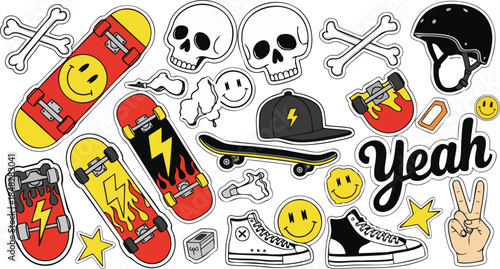Cool Skateboarder Sticker Pack with Skulls, Smiley Faces, and "Yeah" text.