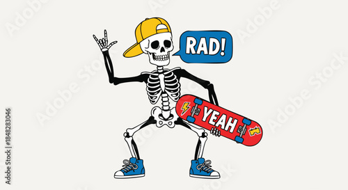 Cool Skeleton Skater Doing Rock Hand Gesture and Holding Skateboard, Vector Illustration.