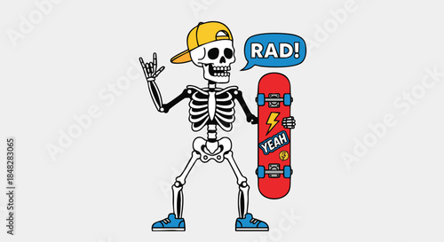 Cool Skeleton Skater with "Rad!" Speech Bubble and "Yeah" Sticker, Ready for Action.