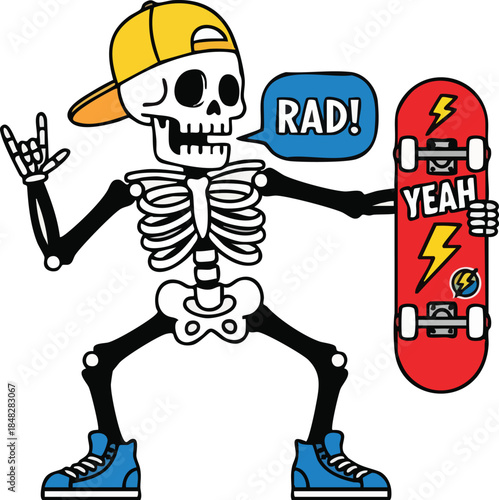 Cool Skeleton Skater with Skateboard, "Rad!" and "Yeah!" Speech Bubbles, Rock On Hand Gesture and Yellow Cap.