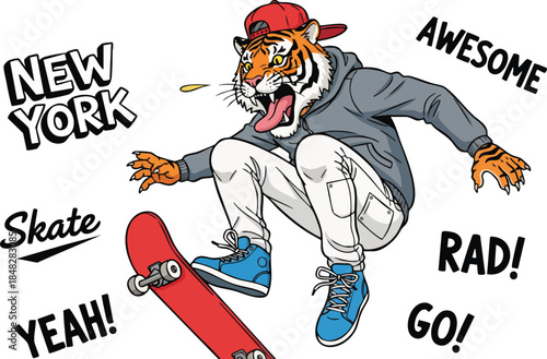 Cool Tiger Skateboarder in New York, Performing Awesome Tricks with Rad Energy.
