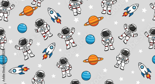 Cute Astronauts and Planets Seamless Pattern - Space Exploration Vector Background.