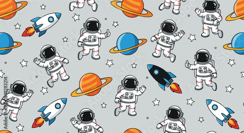 Cute Astronauts and Rockets Pattern Seamless - Space Adventure Theme for Kids.