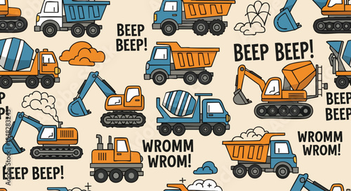 Cute Construction Vehicles Seamless Pattern for Kids' Designs.