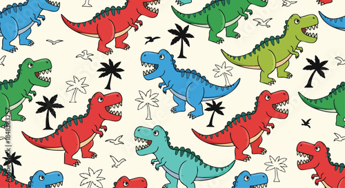 Cute Dinosaur Pattern Design - Kids Roaring T-Rex and Palm Trees Seamless Backdrop.