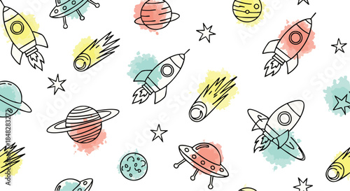 Cute Space Pattern Background with Rockets, Planets, UFOs and Comets - Ideal for Kids.
