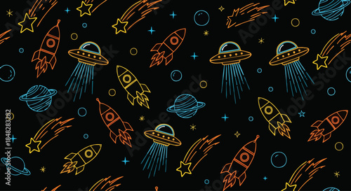 Cute Space Pattern: Flying Rockets, UFOs, Planets, and Stars on Black Background.