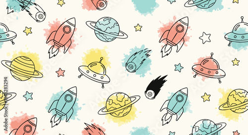Cute Space Theme Pattern - Rockets, UFOs, Planets, and Stars with Watercolor Splashes.
