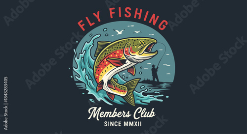 Dynamic Fly Fishing Adventure Illustration - Catching a Rainbow Trout Mid-Air.