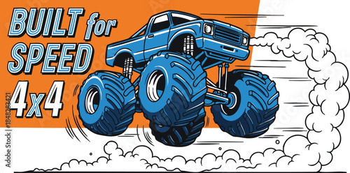 Dynamic Illustration of a Blue Monster Truck "Built for Speed 4x4" in Action.
