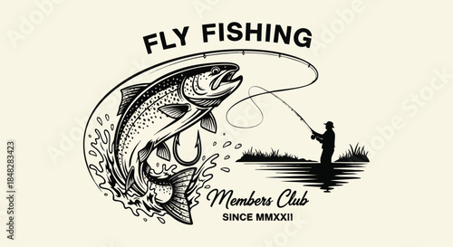 Dynamic Fly Fishing Emblem: Angler Catches Jumping Trout for Club Design.