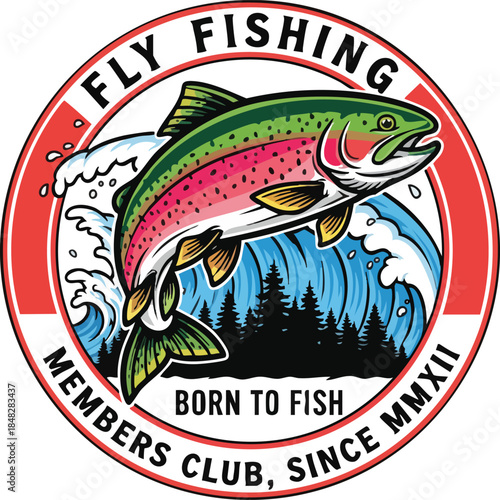 Dynamic Jumping Trout Emblem for Fly Fishing Club - "Born to Fish" Logo.