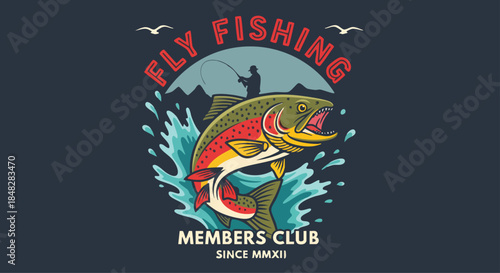 Dynamic Vector Art: A Stylish "Fly Fishing Members Club" Design with a Leaping Trout and Fisherman Silhouette.