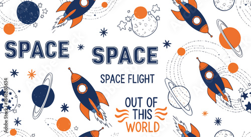 Fantastic Space Exploration Design with Rockets, Planets, and Stars for Kids and Science Themes.