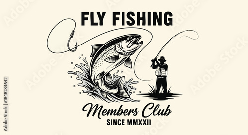 Fly Fishing Members Club Logo - Vintage Design of Angler with Jumping Fish.