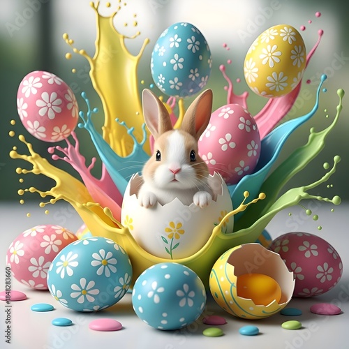 Vibrant Easter Celebration with Bunny and Splashing Paint Festive Eggs