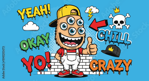 Funny Cartoon Monster Character with Thumbs Up and Graffiti Style Phrases, Perfect for Social Media and Urban Art Projects.