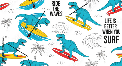 Funny T-Rex Surfing Pattern, Dinosaur Riding Waves on Surfboard for Summer Vacation.