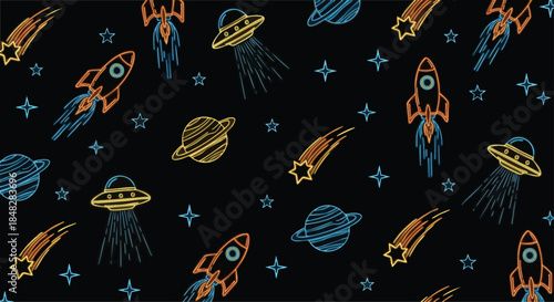 Futuristic Neon Space Pattern: Rockets, Planets and UFOs on Black Background.
