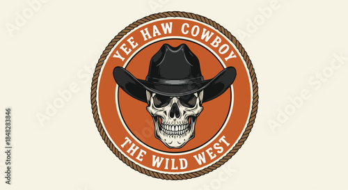 Iconic Skull Cowboy Hat Graphic for Wild West and Country Themes.