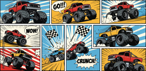 Monster Truck Race Comic Panels: Action-Packed Competition and Crashes.