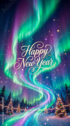 Colorful northern lights illuminate a snowy landscape with evergreen trees and festive decorations, creating a magical atmosphere for celebrating the New Year