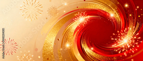 Abstract swirl design featuring vibrant red and gold colors with sparkling fireworks, creating a festive atmosphere perfect for celebrations and holiday events, conveying joy and excitement