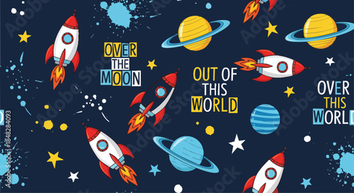 Out of this World: Rocket & Planet Seamless Pattern for Kids.