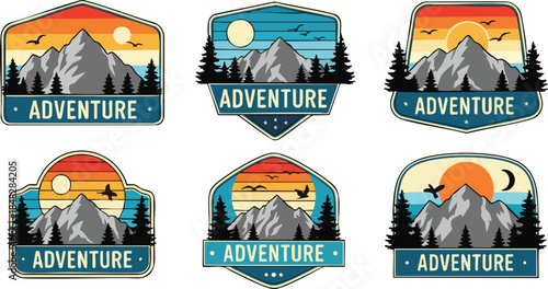 Retro Adventure Mountain Badges Set - Vintage Outdoor Scene Vector Illustrations.
