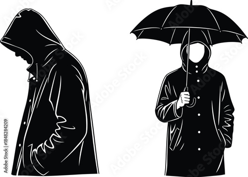Silhouettes of people in raincoats with umbrellas a black and white illustration
