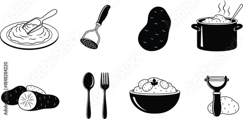 A collection of black and white illustrations depicting potatoes and related cooking items