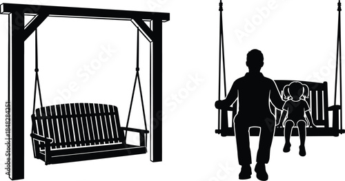 A black and white illustration of a porch swing with a couple seated