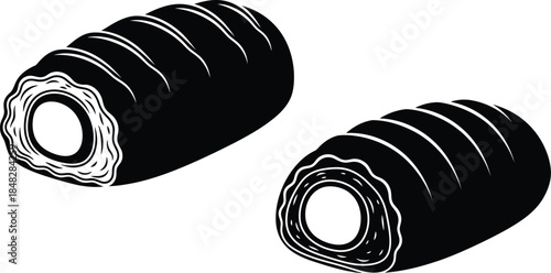 Two black and white illustrations of spiral shaped pastries likely cinnamon rolls