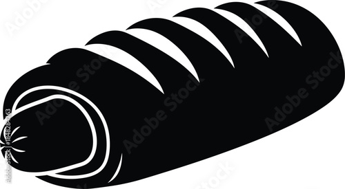 A black and white illustration of a sliced coiled sausage or pastry