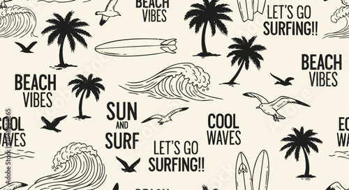 Retro Beach Vibes Seamless Pattern with Palm Trees, Surfboards, Waves, and Seagulls for Summer Design.