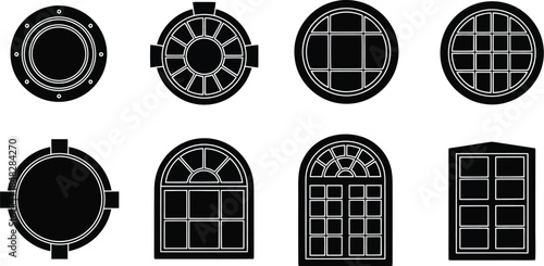 Collection of various black and white circular and arched manhole cover designs