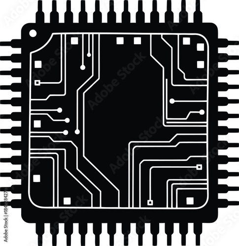 Detailed black and white illustration of a microchip with circuit pathways