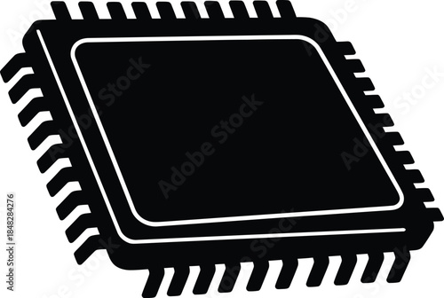 A black and white illustration of a microchip or integrated circuit component