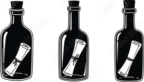 Three vintage glass bottles contain rolled scrolls with wax seals