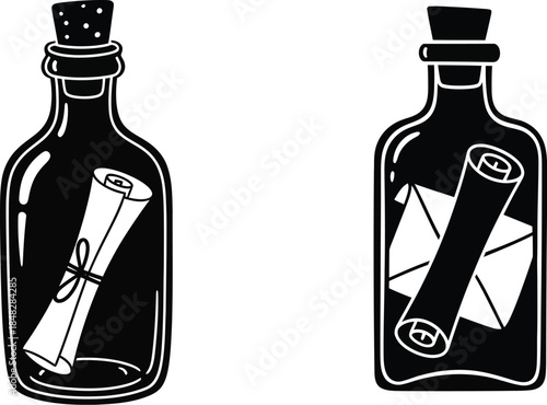Message in a bottle illustrations featuring rolled scrolls and cork stoppers
