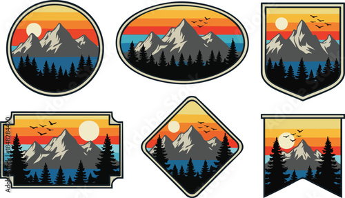 Retro Sunset Mountain Landscape Badges Vector Set.