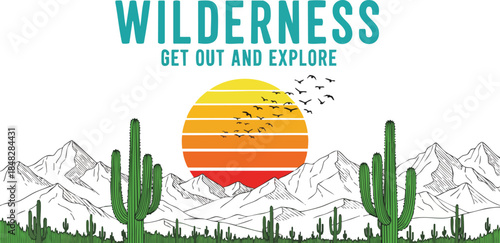 Retro Sunset Desert Landscape with Cacti and Mountains for Adventure and Travel Graphics.