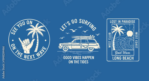 Retro surf-themed graphic design with vintage car, palm trees, ocean waves, and positive messages for beach and surf culture enthusiasts.